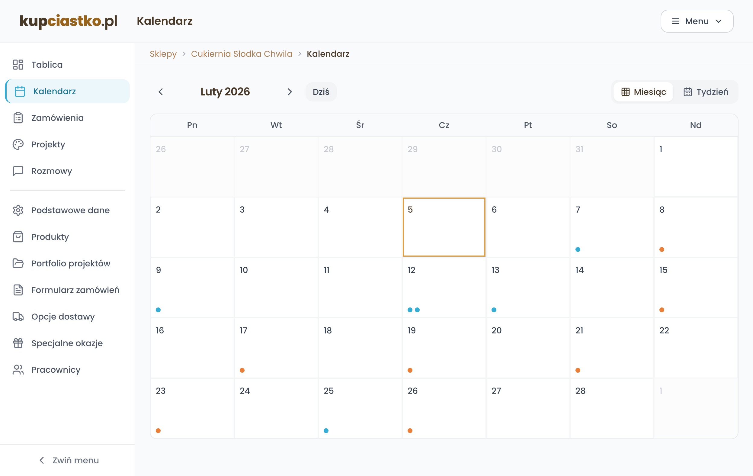 Kalendarz z zamówieniami - widok desktop